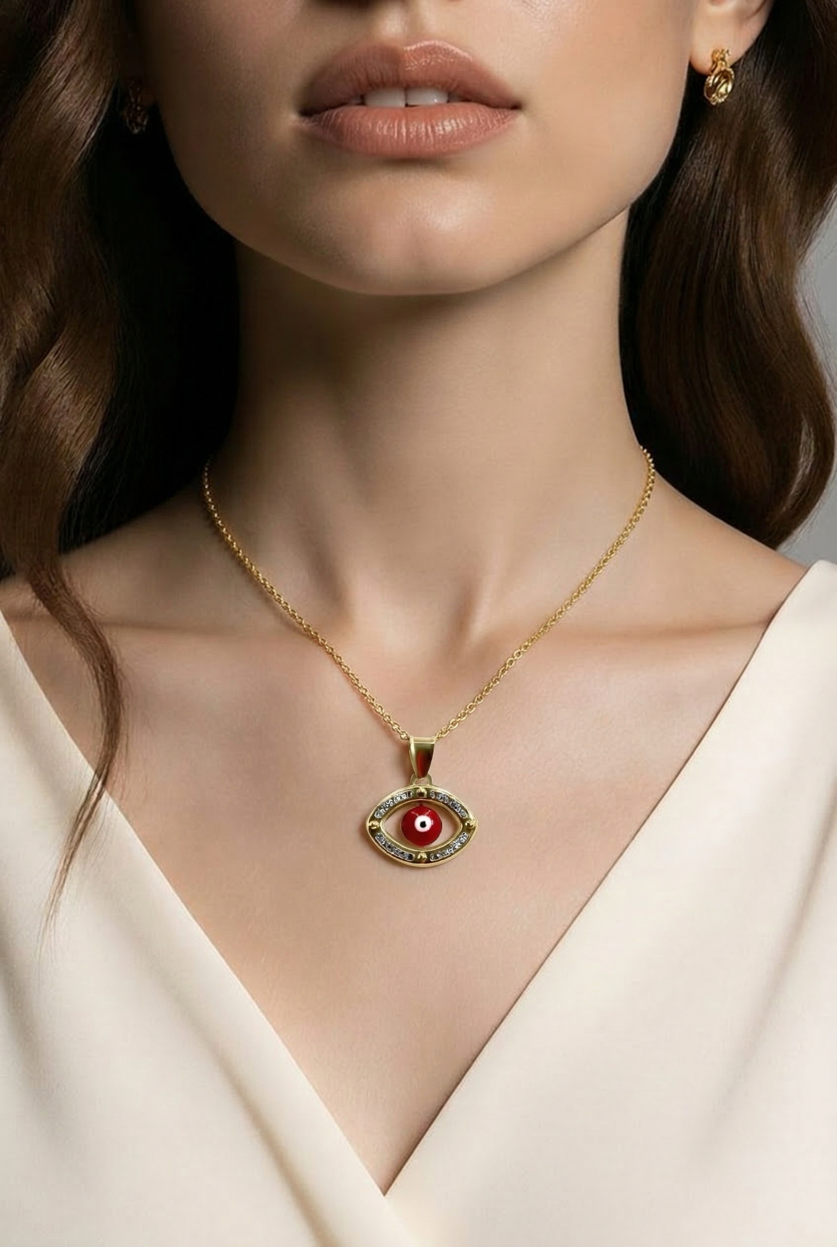 Red Evil Eye Pendant 14K Gold •Oval Pendant Cubic Zirconia •Protection Gold Necklace •Everyday Gift Alain Orbiz Jewelry