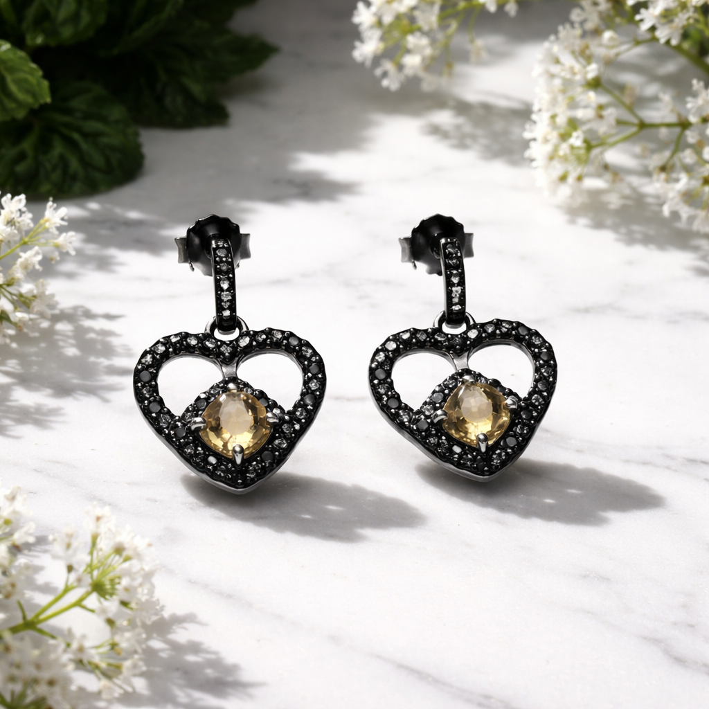 Black Heart 925 Silver Earrings •Quartz, Diamond Earring Dangle •Whimsical Dangle Earrings •Dress up or down Alain Orbiz Jewelry
