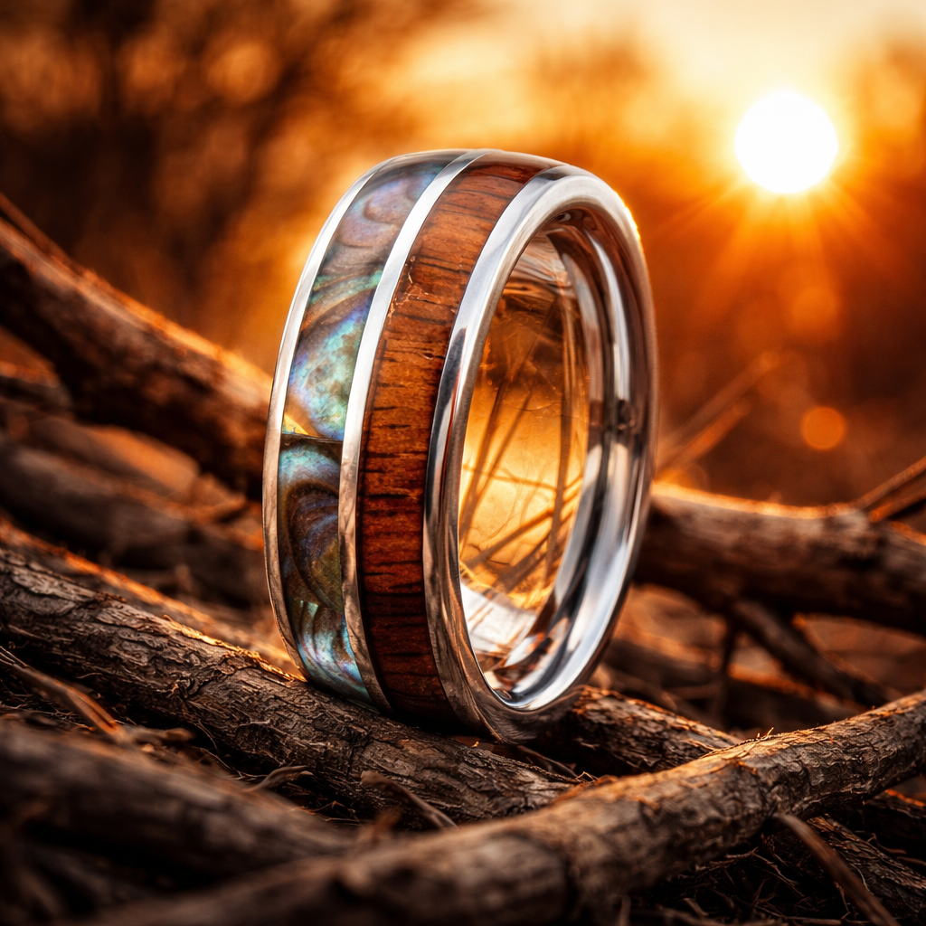 Tungsten Ring with Koa Wood and Abalone •8.00 mm Ring band •Gift for special occasion •Men Wedding Bands AOJ - Alain Orbiz Jewelry