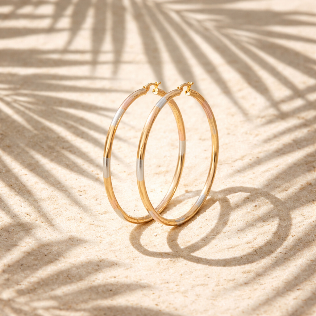 Extra Large Hoop Earrings • Oro Laminado Gold Filled • Tricolor Diamond Cut Finish • Statement Hoops Alain Orbiz Jewelry
