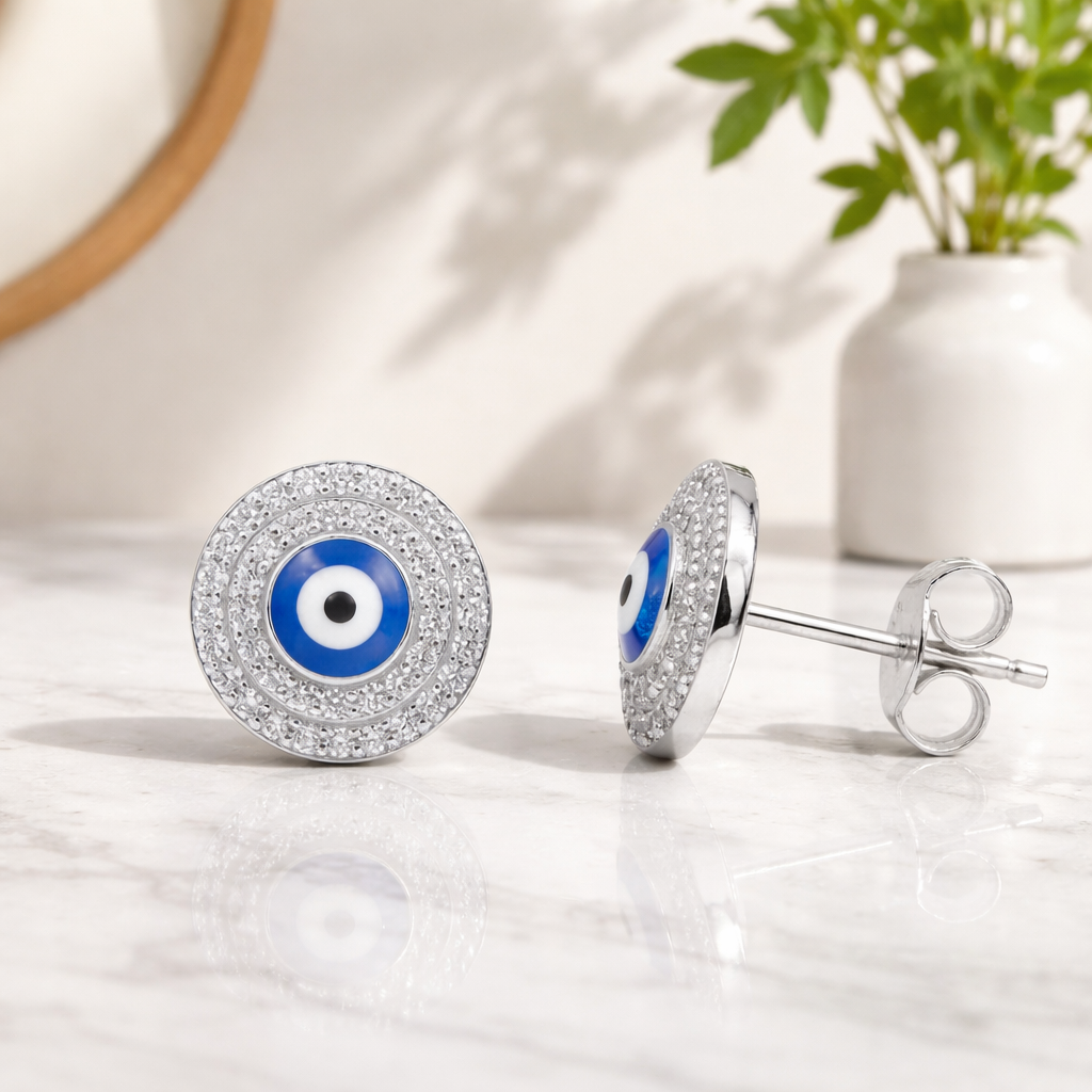 Evil Eye Stud Earrings • Rhodium Gold Filled • White Cubic Zirconia and Enamel • Fashion Jewelry • Gift for Her Alain Orbiz Jewelry