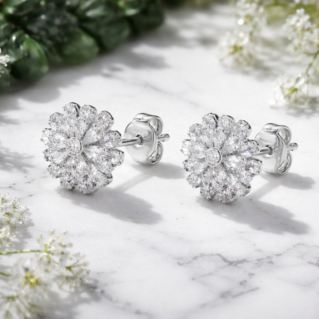 Rhodium Gold Filled Flower Stud Earrings • Cubic Zirconia • Polished Crystal Studs • Everyday Jewelry • Gift for Her Alain Orbiz Jewelry