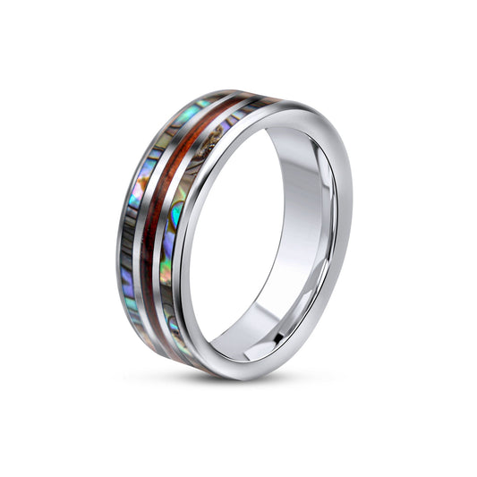 Tungsten Ring with Abalone and Koa Wood •8.00 mm Ring band •Comfortable Ring •Men Wedding Ring-Alain Orbiz Jewelry