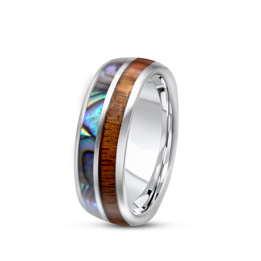 Tungsten Ring with Koa Wood and Abalone •8.00 mm Ring band •Gift for special occasion •Men Wedding Bands-Alain Orbiz Jewelry