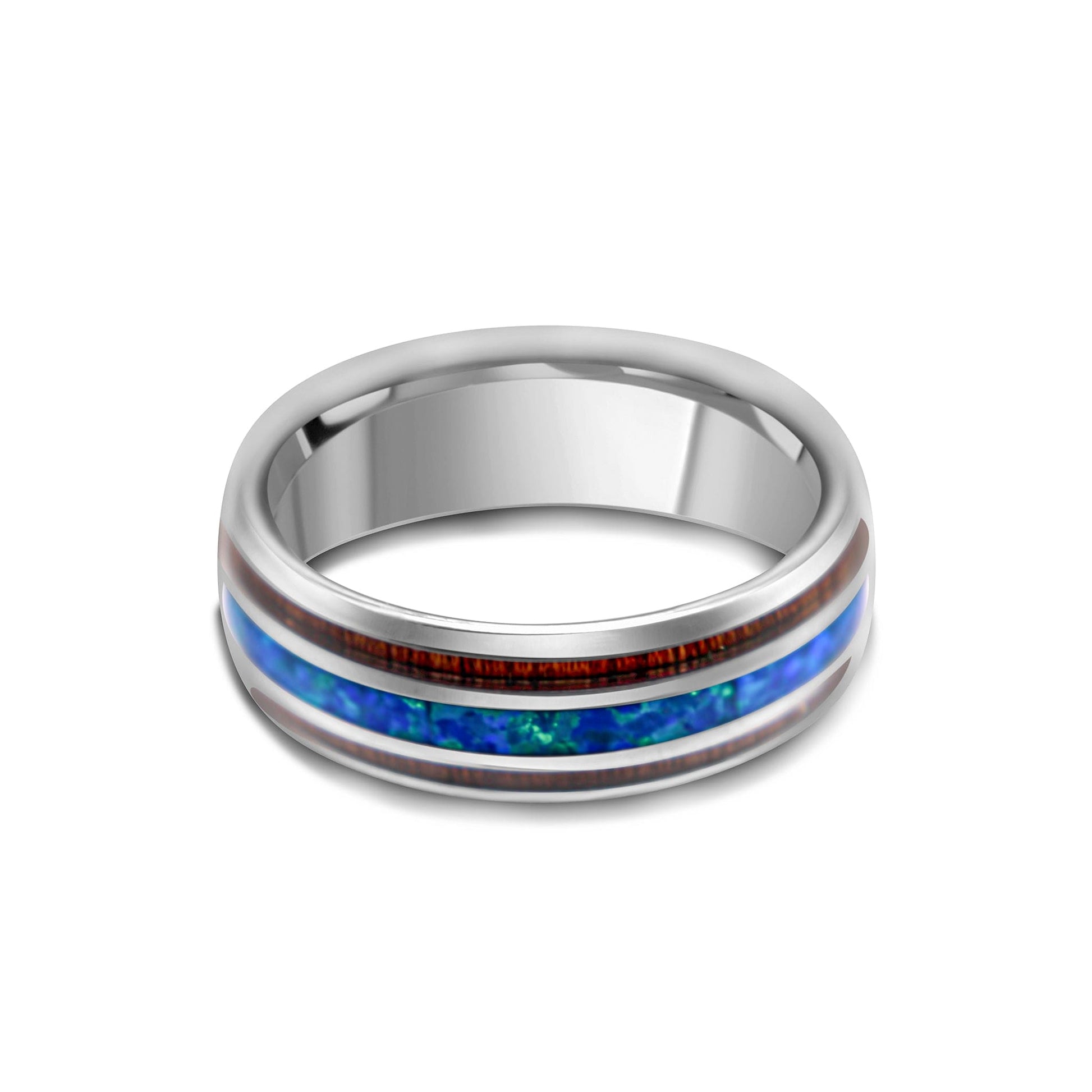 Tungsten Koa Wood and Opal Ring •8.00 mm Ring Band for Men and Woman •Blue Opal Ring •Khoa Wooden Ring-Alain Orbiz Jewelry