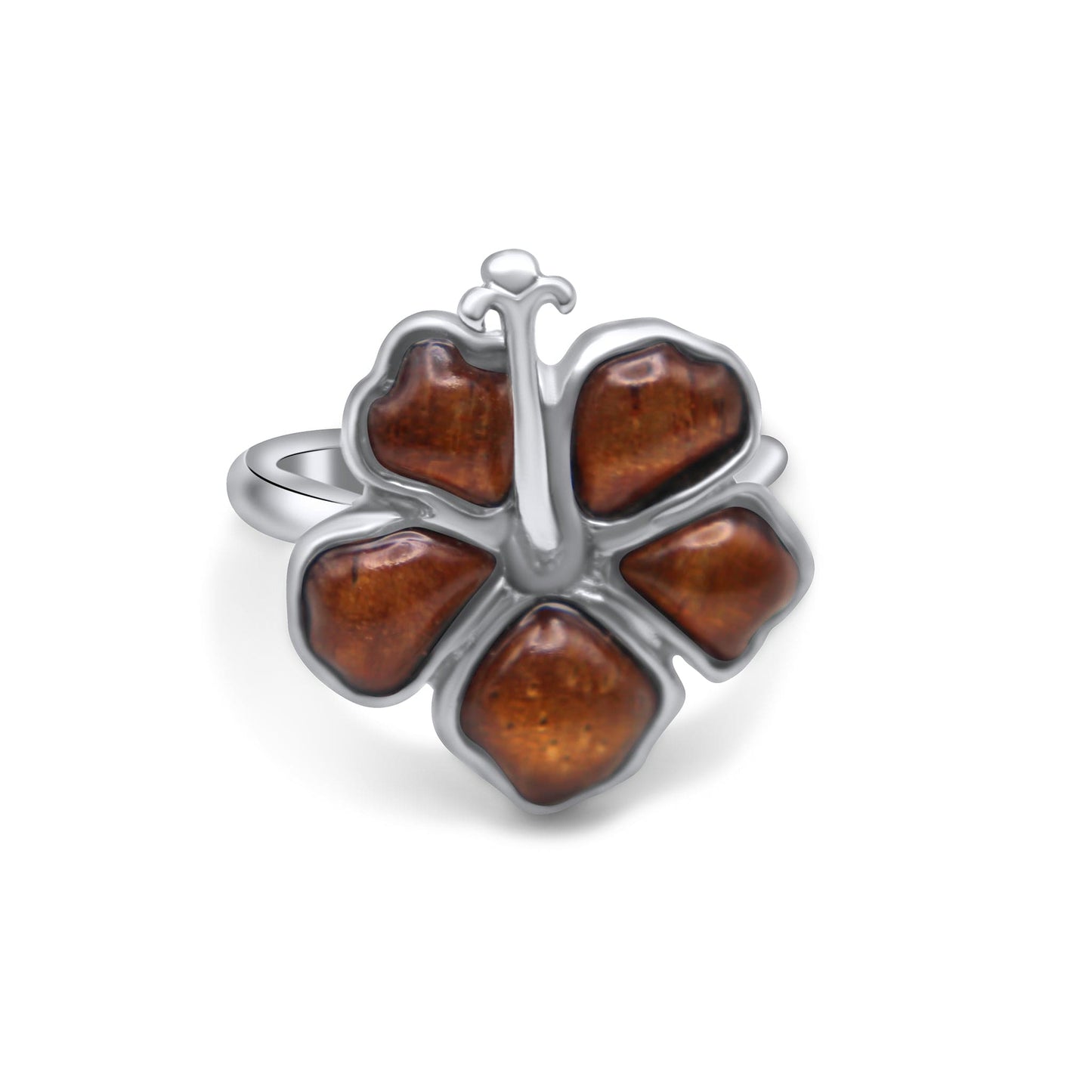 Flower Ring 925 Koa Wood •Hibiscus Flower Silver Ring •Dainty Flower Ring for Woman •Statement Brown Flower-shaped Ring-Alain Orbiz Jewelry