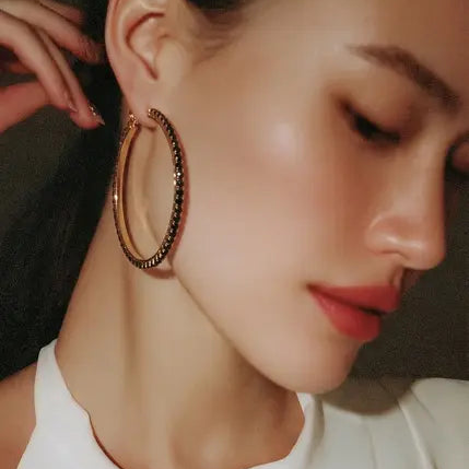 Large Gold Filled Hoop Earrings • Black Cubic Zirconia Accent • Statement Jewelry • Fashion Jewelry • Gift for Her