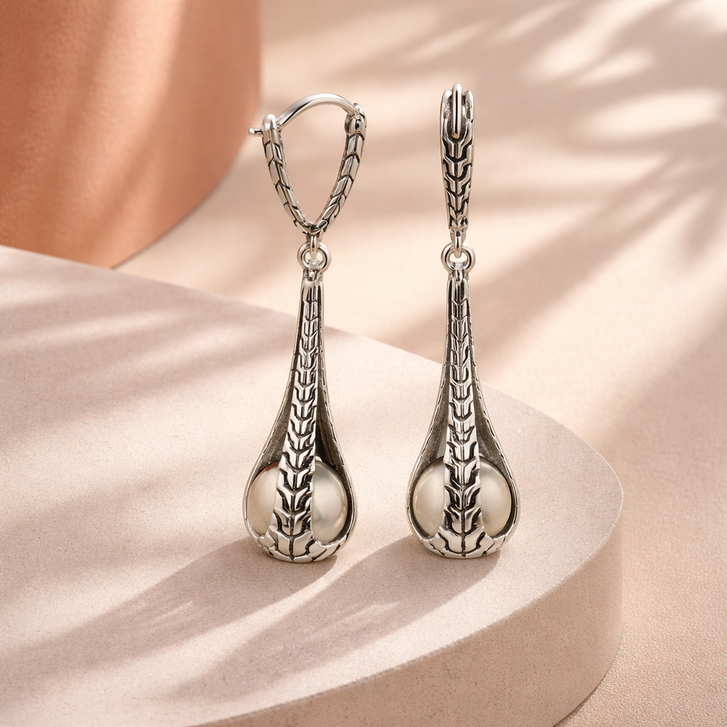 Mabe Pearl Teardrop Earrings in Sterling Silver 925 • Classic Textured Artisan Design • Timeless Jewelry