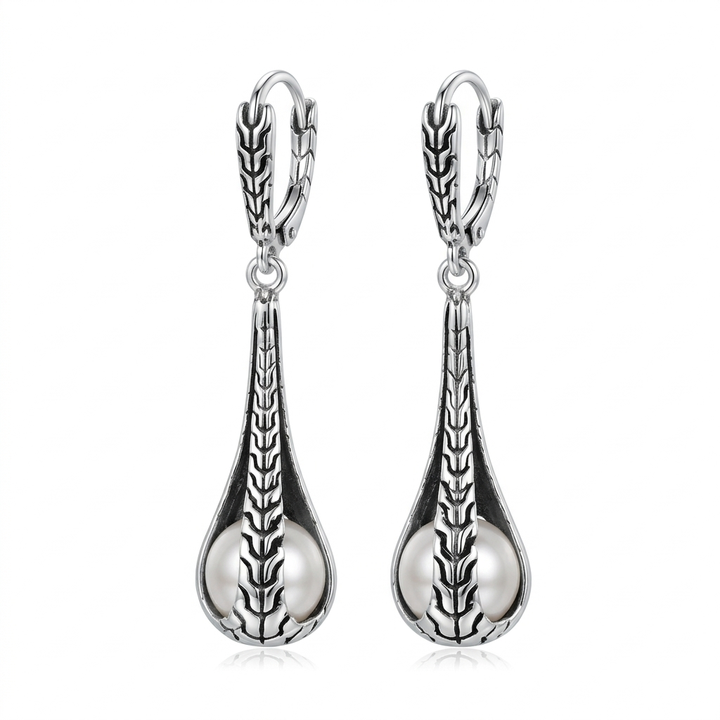 Mabe Pearl Teardrop Earrings in Sterling Silver 925 • Classic Textured Artisan Design • Timeless Jewelry