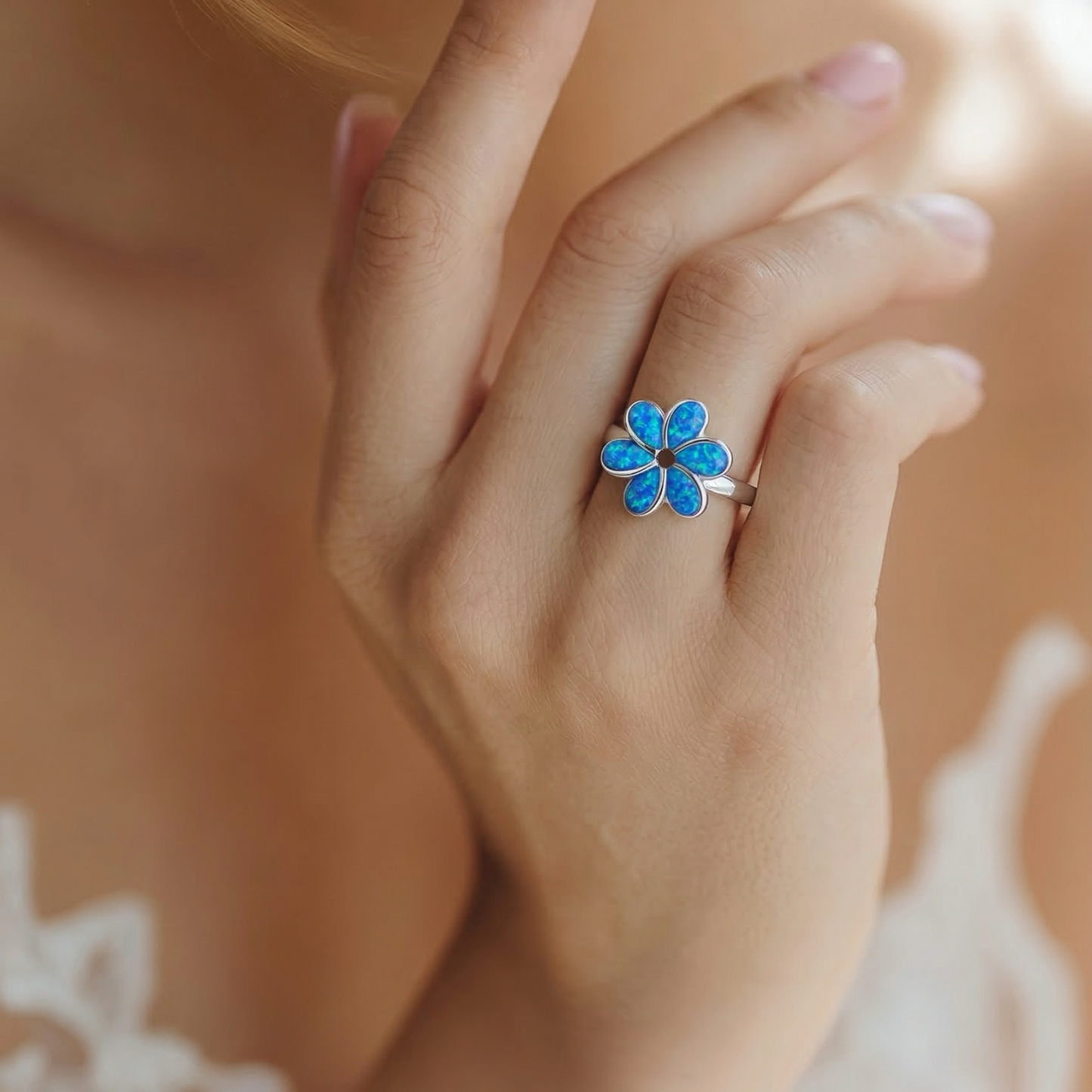 Opal Flower 925 Silver Ring •October Birth Flower Ring •Blue Opal Silver Ring •Meaningful Gift for her AOJ - Alain Orbiz Jewelry