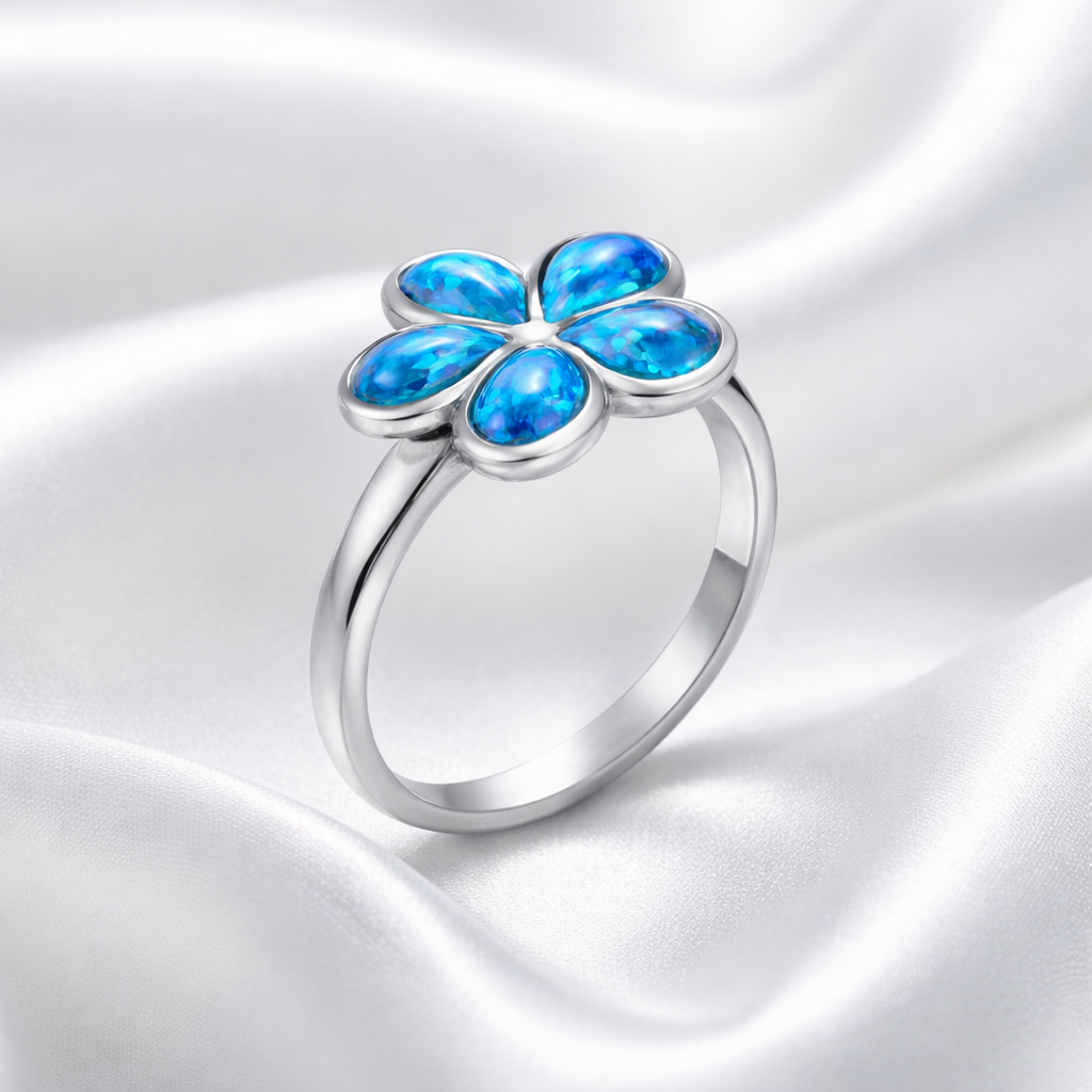 Opal Flower 925 Silver Ring •October Birth Flower Ring •Blue Opal Silver Ring •Meaningful Gift for her AOJ - Alain Orbiz Jewelry