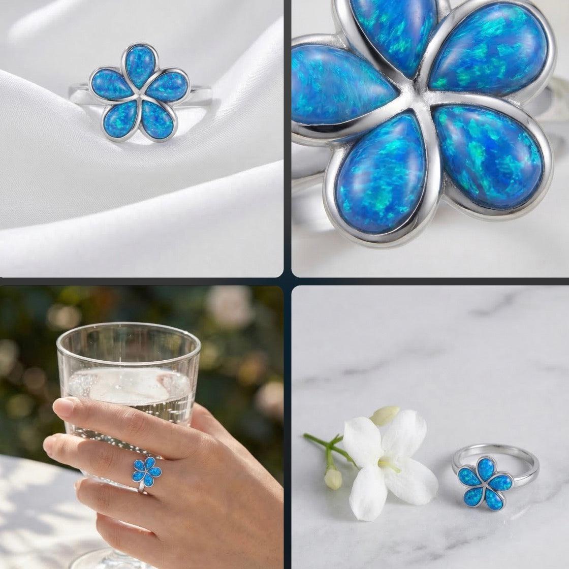 Opal Flower 925 Silver Ring •October Birth Flower Ring •Blue Opal Silver Ring •Meaningful Gift for her AOJ - Alain Orbiz Jewelry
