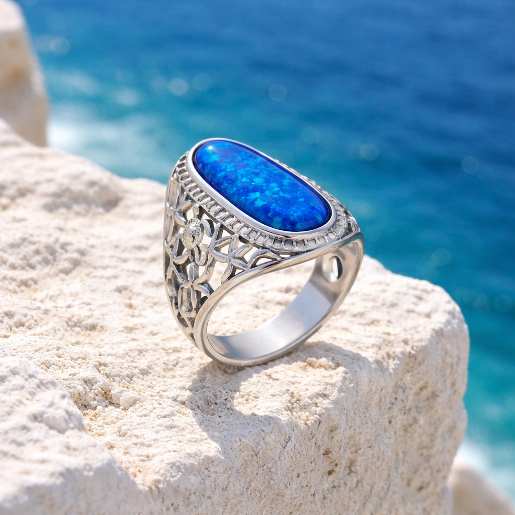 Opal Silver Ring with Turtle  •Filigree Silver Ring •Tapered Turtle Silver Ring  •Long oval Opal •Gift for her AOJ - Alain Orbiz Jewelry