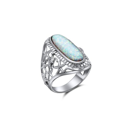 Opal Silver Ring with Turtle •Filigree Silver Ring •Tapered Turtle Silver Ring •Long oval Opal •Gift for her