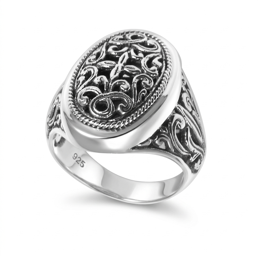 Oval Balinese Silver 925 Ring • Handmade Artisan Carving • Unique Bold Jewelry