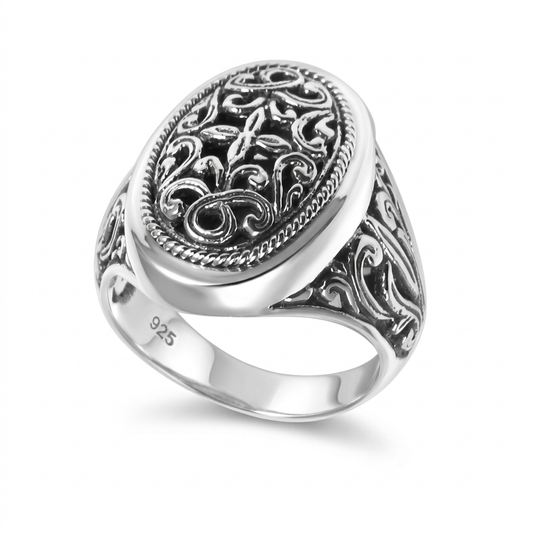 Oval Balinese Silver 925 Ring • Handmade Artisan Carving • Unique Bold Jewelry