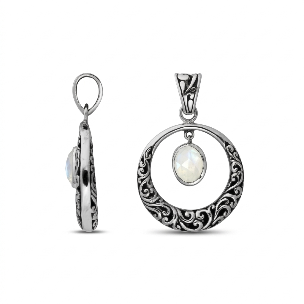 Rainbow Moonstone Pendant 925 Silver• Balinese Filigree Circle • Handcrafted Artisan Jewelry