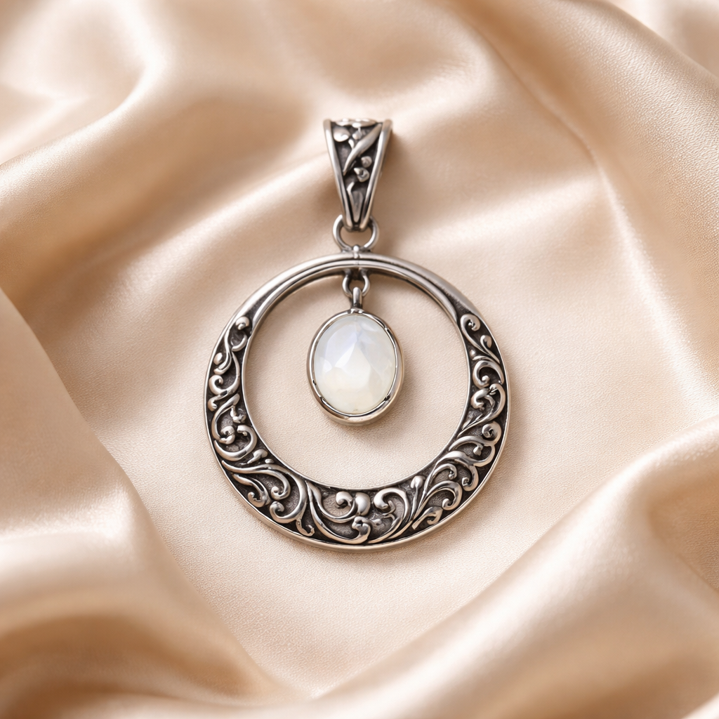 Rainbow Moonstone Pendant 925 Silver• Balinese Filigree Circle • Handcrafted Artisan Jewelry