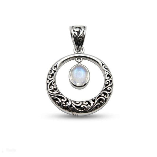 Rainbow Moonstone Pendant 925 Silver• Balinese Filigree Circle • Handcrafted Artisan Jewelry Alain Orbiz Jewelry