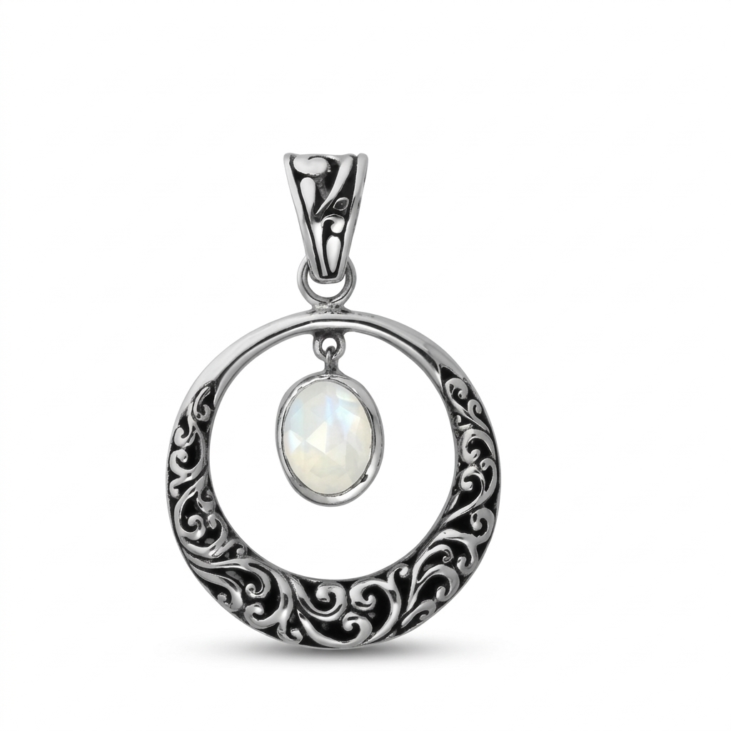 Rainbow Moonstone Pendant 925 Silver• Balinese Filigree Circle • Handcrafted Artisan Jewelry