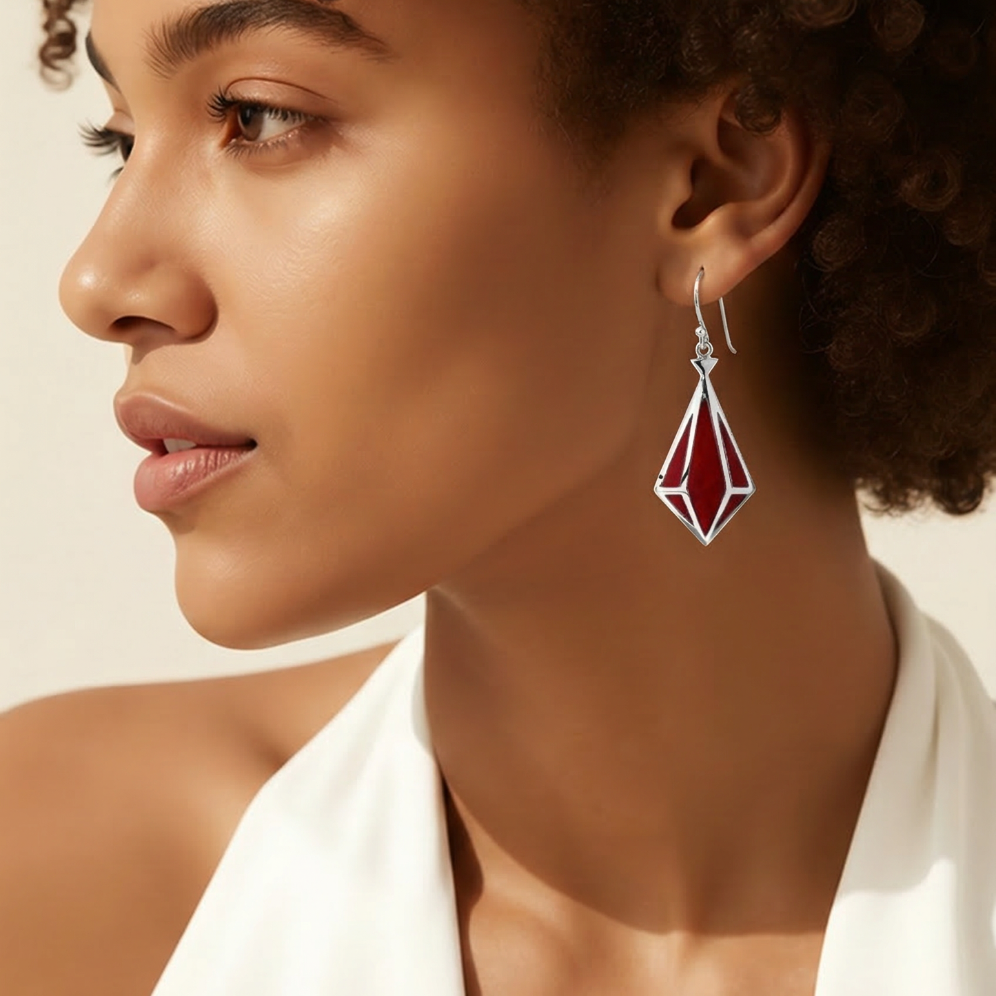 Red Coral Angular Prism Earrings in Sterling Silver 925 • Bold Drop Earrings • Unique Artisan Design