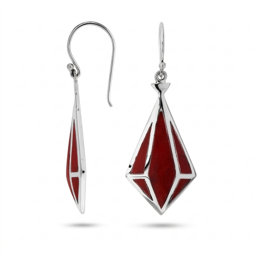 Red Coral Angular Prism Earrings in Sterling Silver 925 • Bold Drop Earrings • Unique Artisan Design