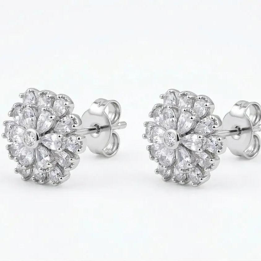Rhodium Gold Filled Flower Stud Earrings • Cubic Zirconia • Polished Crystal Studs • Everyday Jewelry • Gift for Her