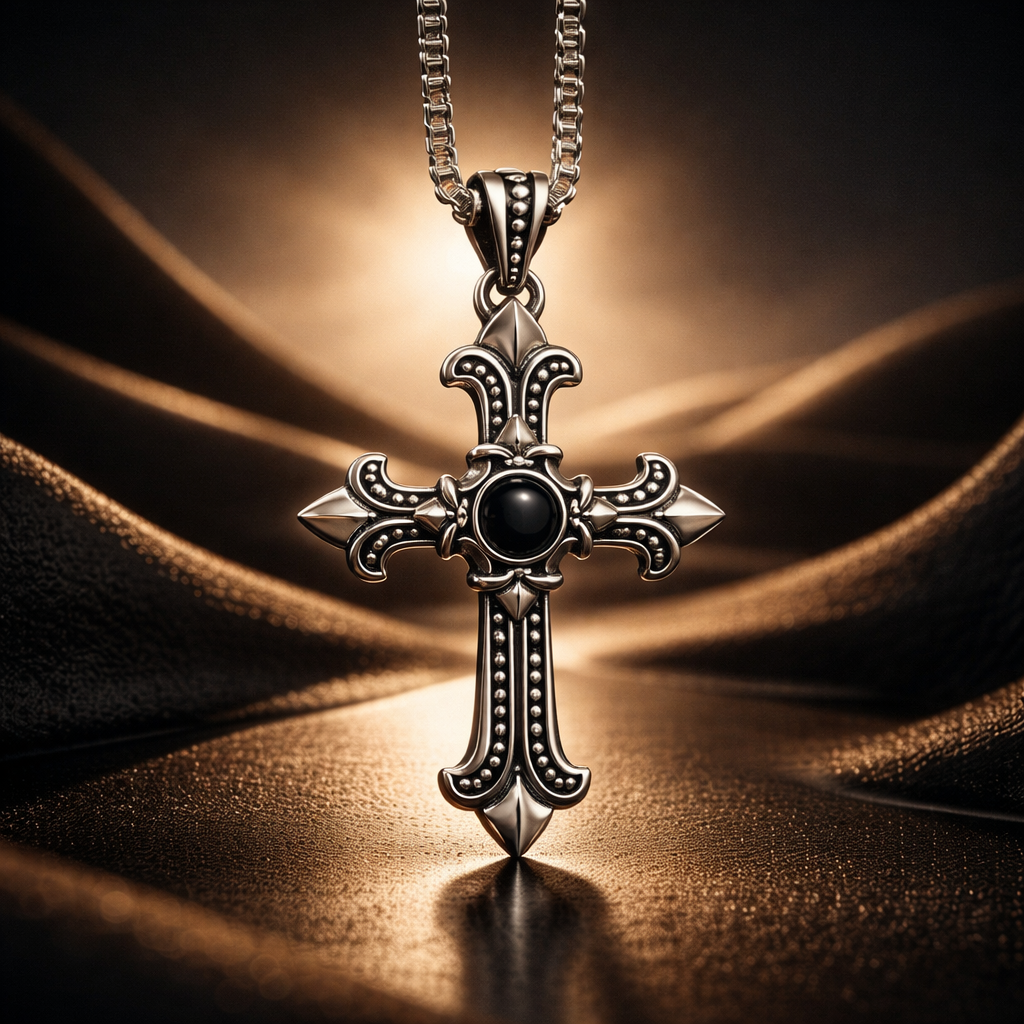 Silver 925 Cross Pendant with Centerstone black Pearl •24 inches Necklace •Bold Look •Removable Pendant •Unisex Alain Orbiz Jewelry