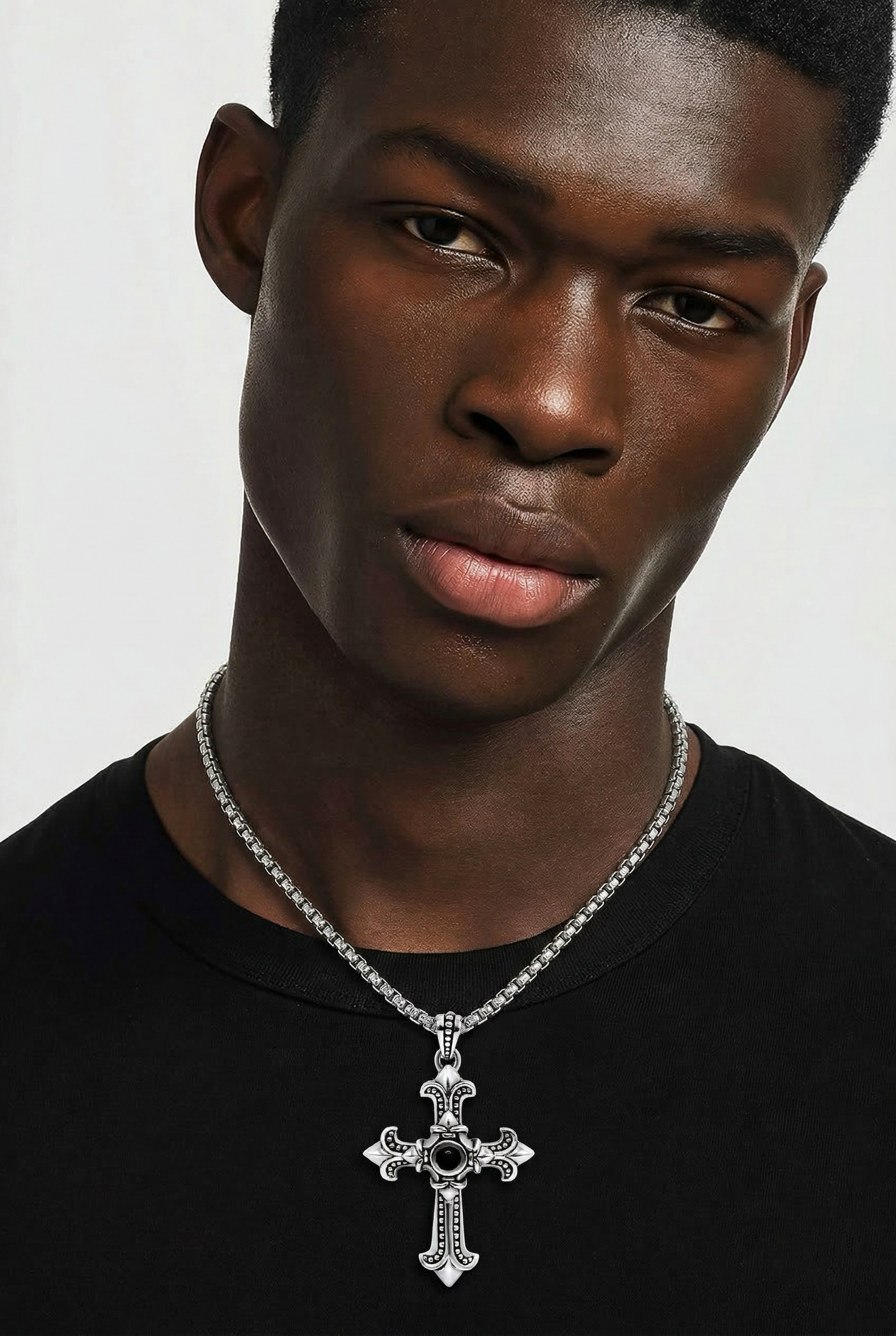 Silver 925 Cross Pendant with Centerstone black Pearl •24 inches Necklace •Bold Look •Removable Pendant •Unisex Alain Orbiz Jewelry