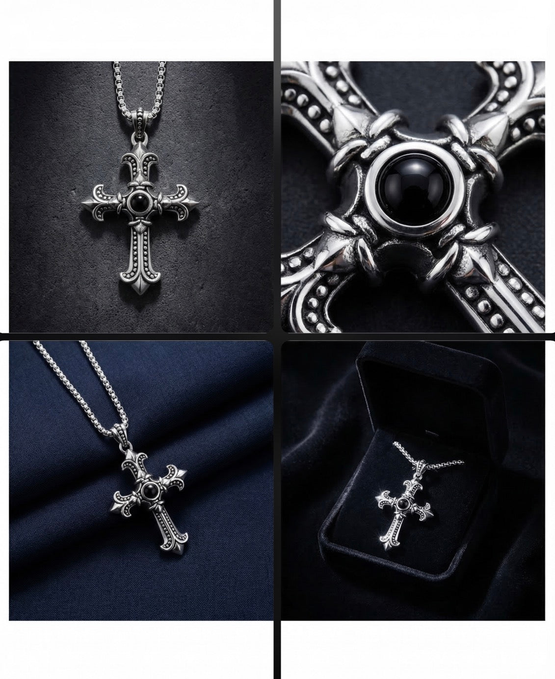 Silver 925 Cross Pendant with Centerstone black Pearl •24 inches Necklace •Bold Look •Removable Pendant •Unisex Alain Orbiz Jewelry