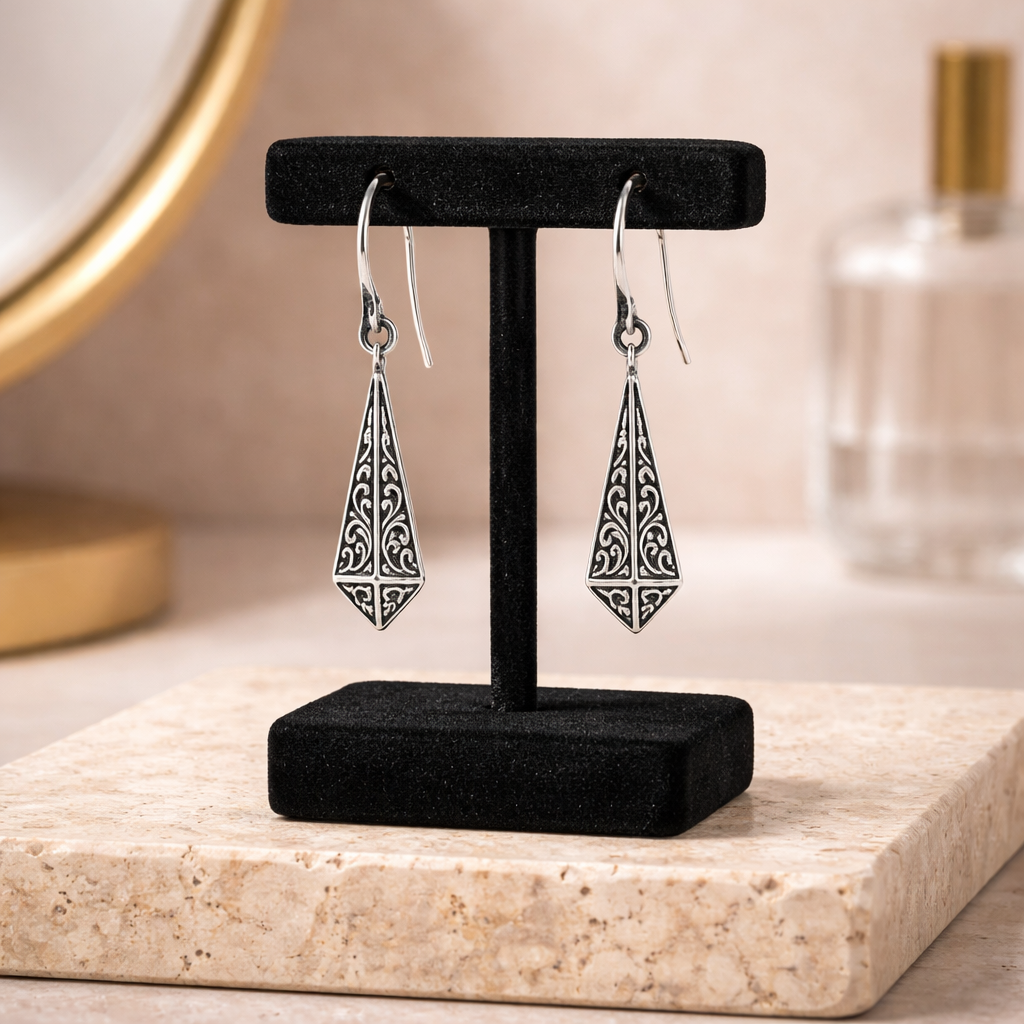 Silver 925 Geometric Filigree Taper Earrings • Perfect Gift for Her • Handcrafted Design