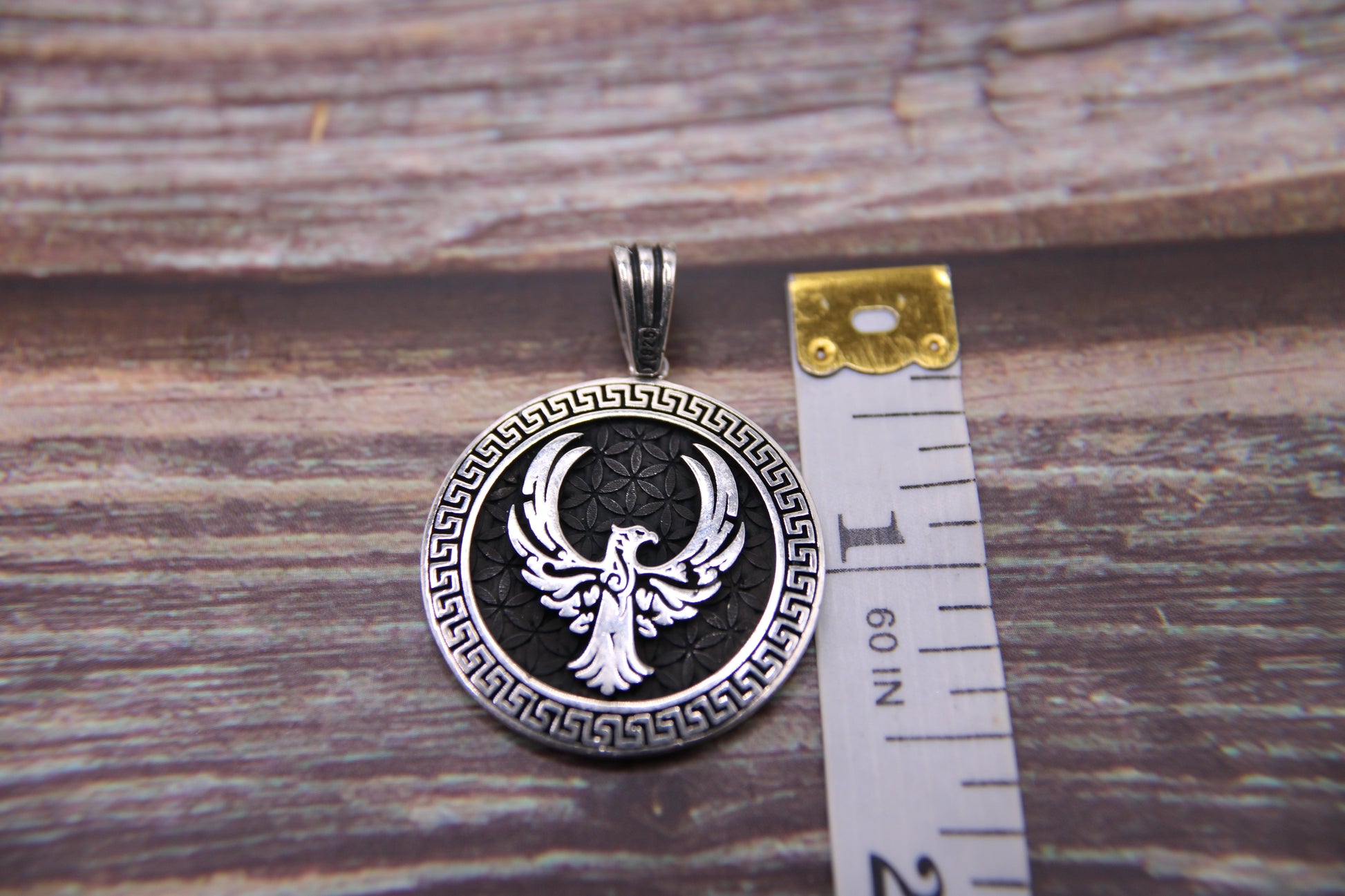 Silver Eagle Pendant •Round big Silver Pendant •Greek Style Eagle Necklace •Winged Silver Phoenix •Good Luck Men Jewelry