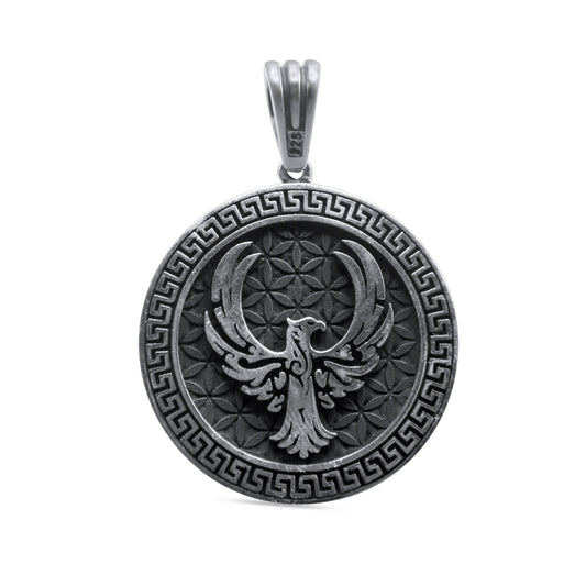 Silver Eagle Pendant •Round big Silver Pendant •Greek Style Eagle Necklace •Winged Silver Phoenix •Good Luck Men Jewelry