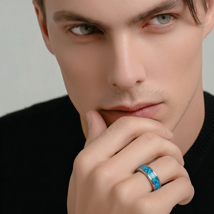 Silver Ring 925 • Inline Opal Accent • Minimalist Trendy Design for Him & Her • Modern Unisex Jewelry Alain Orbiz Jewelry