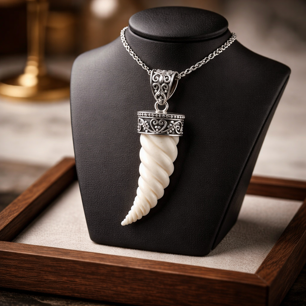 Spiral Horn Bone Face Pendant in Sterling Silver 925 • Decorative Balinese Design • Symbol of Power and Prosperity