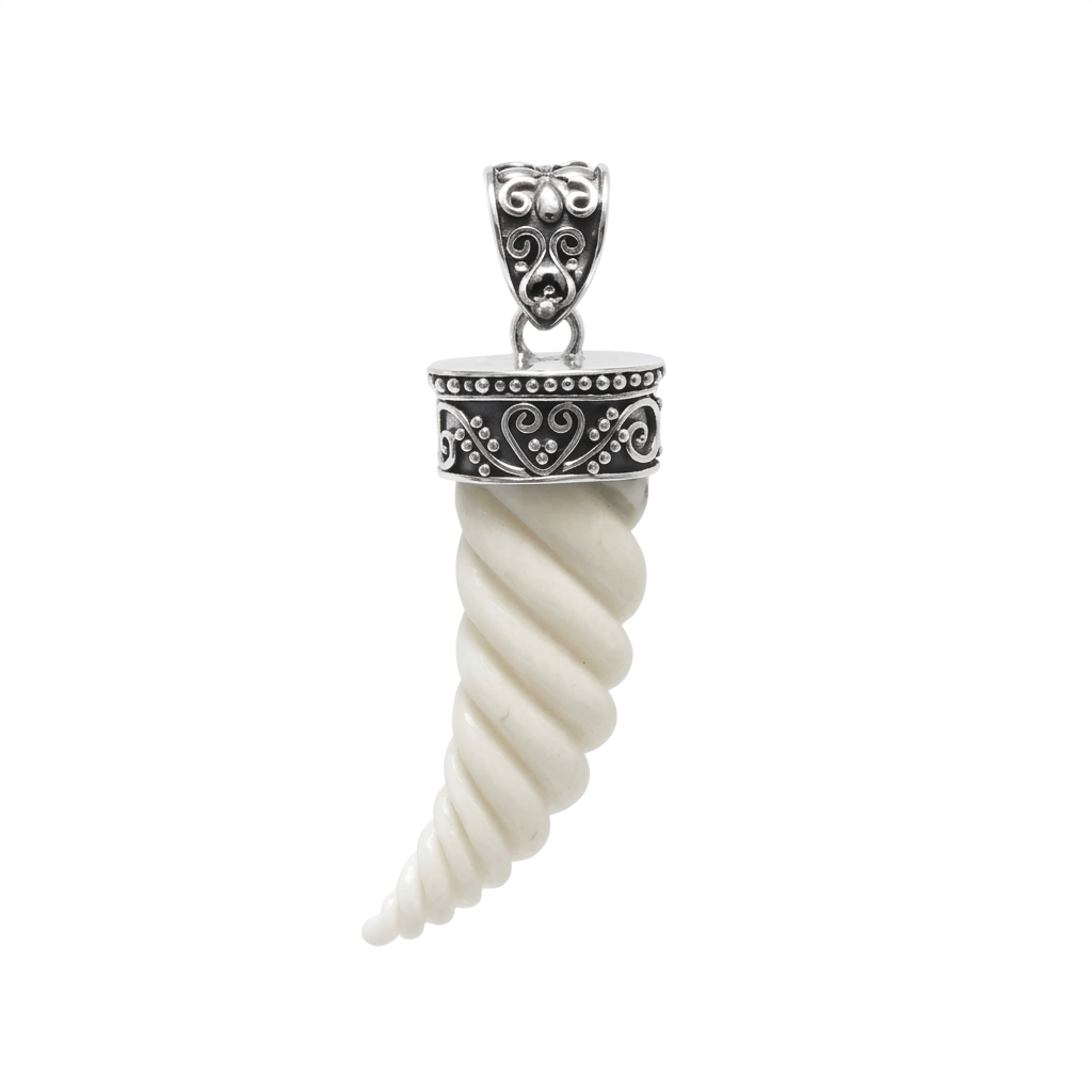 Spiral Horn Bone Face Pendant in Sterling Silver 925 • Decorative Balinese Design • Symbol of Power and Prosperity