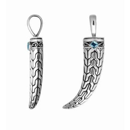 Sterling Silver 925 Horn Pendant • Tribal Engraving &amp; Blue Topaz Quartz • Unique Symbolic Jewelry