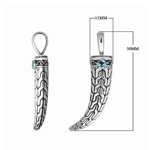Sterling Silver 925 Horn Pendant • Tribal Engraving &amp; Blue Topaz Quartz • Unique Symbolic Jewelry