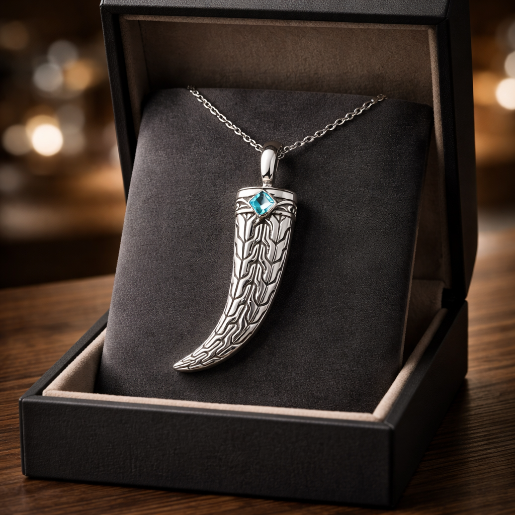 Sterling Silver 925 Horn Pendant • Tribal Engraving &amp; Blue Topaz Quartz • Unique Symbolic Jewelry