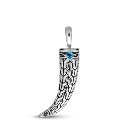 Sterling Silver 925 Horn Pendant • Tribal Engraving &amp; Blue Topaz Quartz • Unique Symbolic Jewelry
