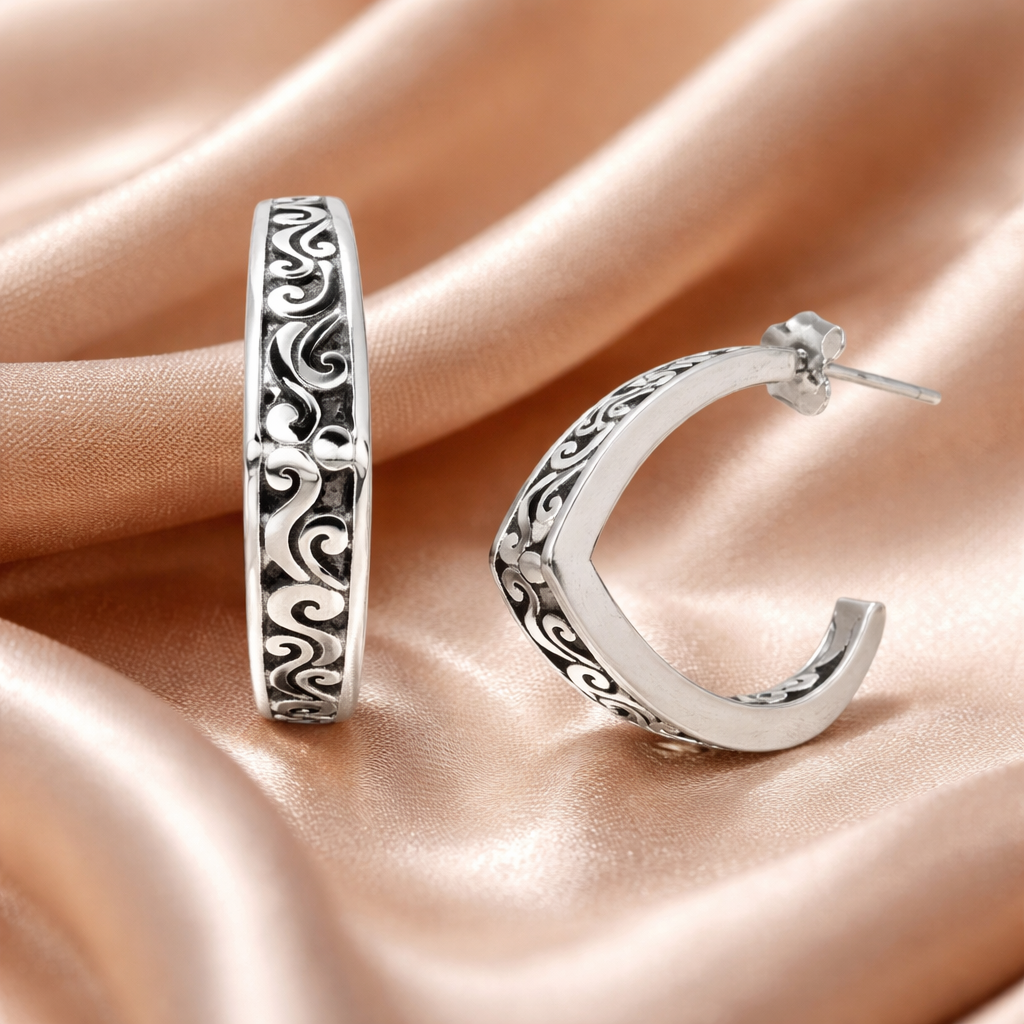 Sterling Silver Hoop Earrings 925 • Balinese Swirl Design • Artisan-Crafted, Elegant Statement Pieces
