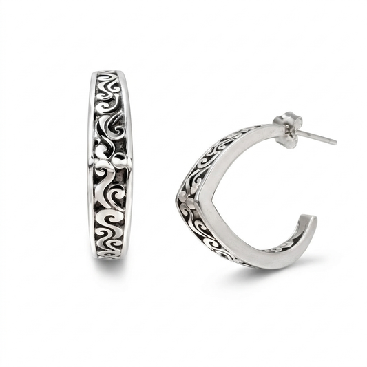 Sterling Silver Hoop Earrings 925 • Balinese Swirl Design • Artisan-Crafted, Elegant Statement Pieces