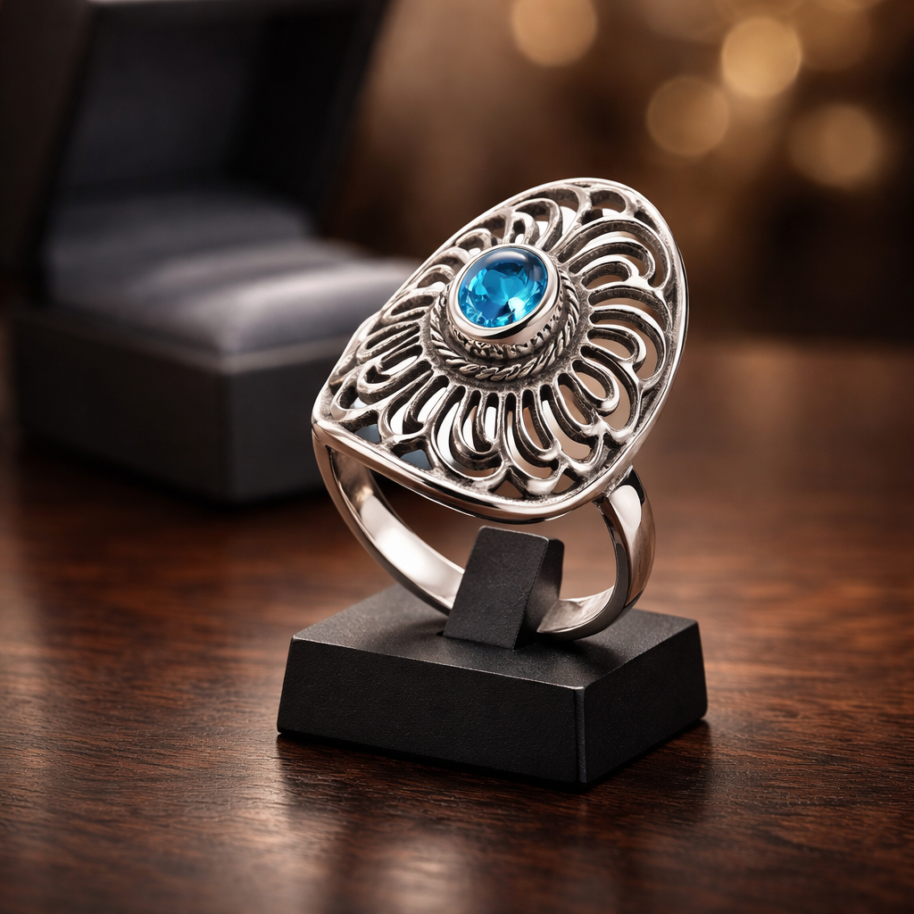 Sterling Silver Oval Ring with Blue Topaz Quartz • Handcrafted Artisan Jewelry • Elegant Designer Statement Ring for Women