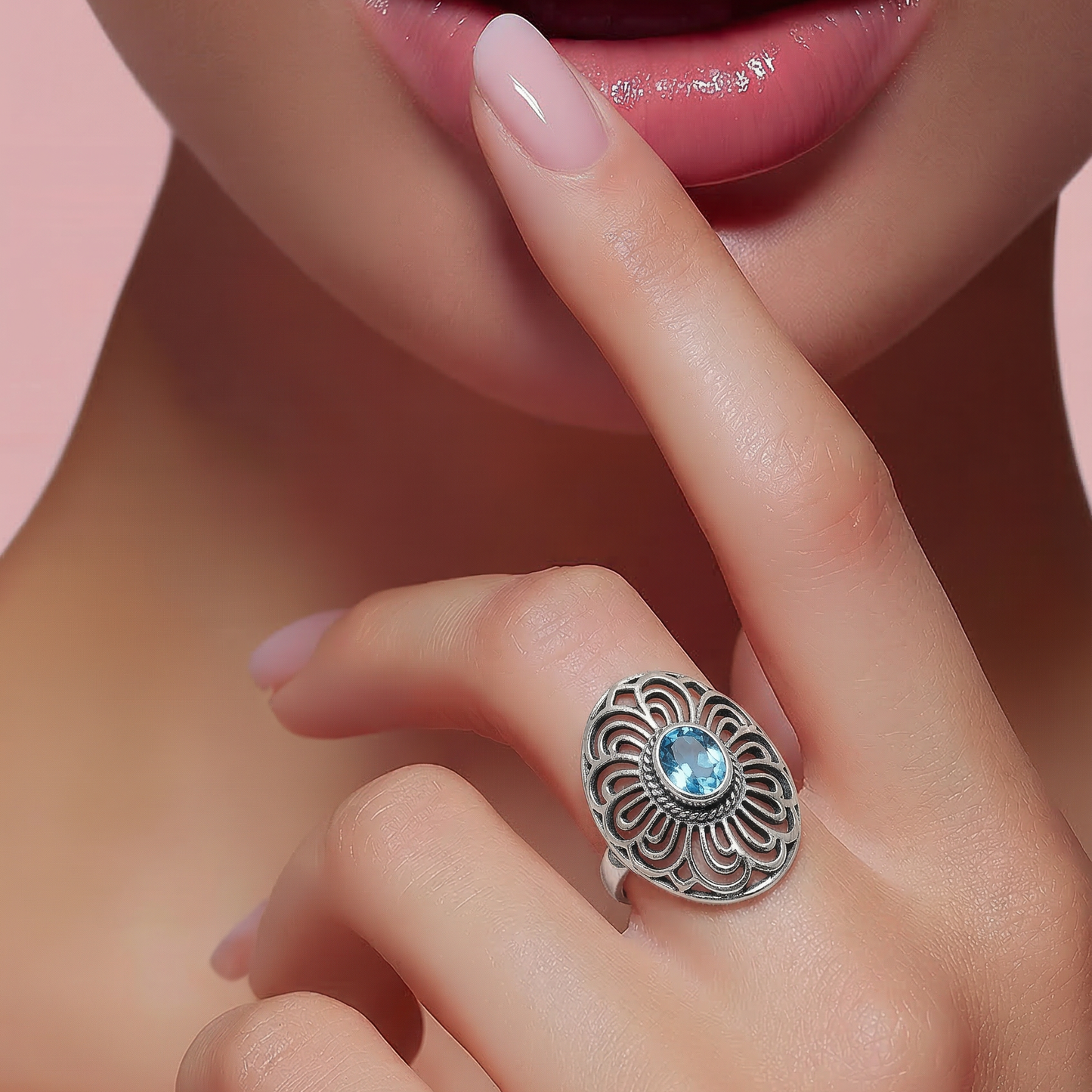 Sterling Silver Oval Ring with Blue Topaz Quartz • Handcrafted Artisan Jewelry • Elegant Designer Statement Ring for Women