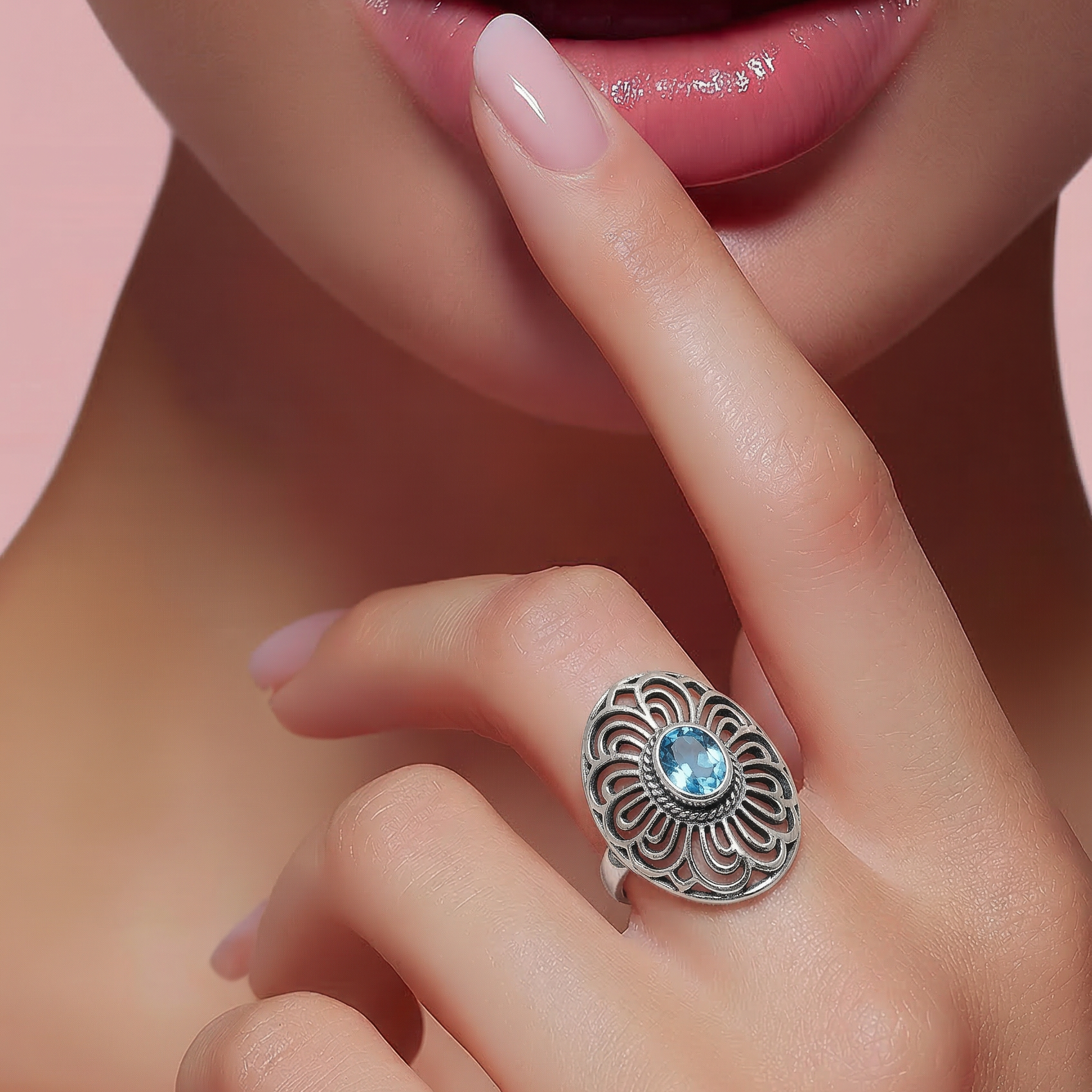 Sterling Silver Oval Ring with Blue Topaz Quartz • Handcrafted Artisan Jewelry • Elegant Designer Statement Ring for Women