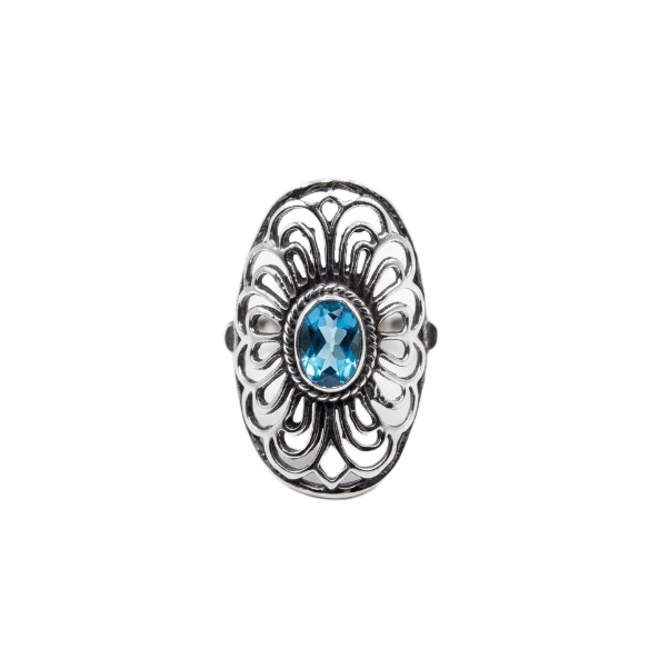 Sterling Silver Oval Ring with Blue Topaz Quartz • Handcrafted Artisan Jewelry • Elegant Designer Statement Ring for Women Alain Orbiz Jewelry