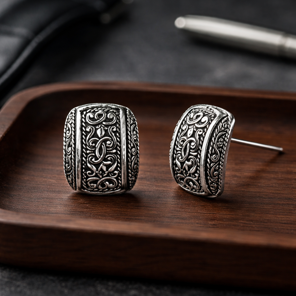 Sterling Silver Rectangular Engraved Pattern Earrings • Perfect Gift for Her • Handcrafted Design