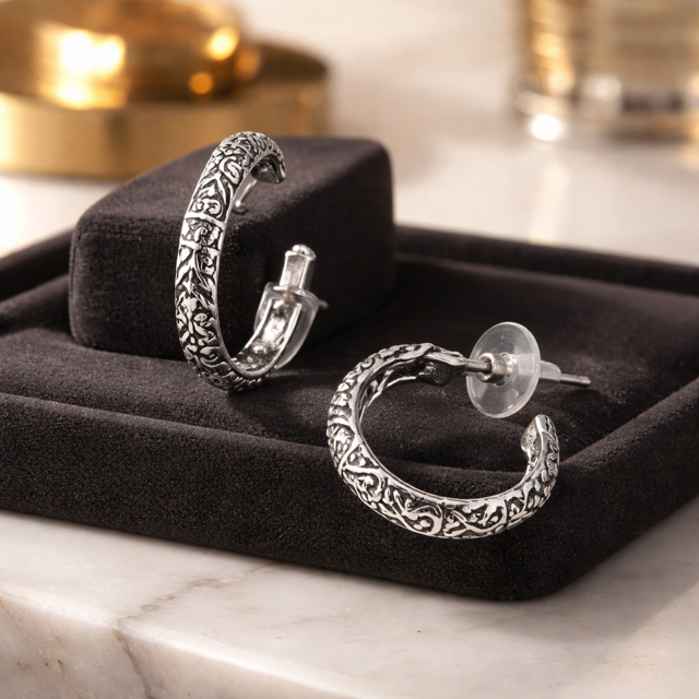 Sterling Silver Rope Texture Half-Hoop Earrings • Artisan Twisted Design • Elegant Everyday Jewelry Alain Orbiz Jewelry