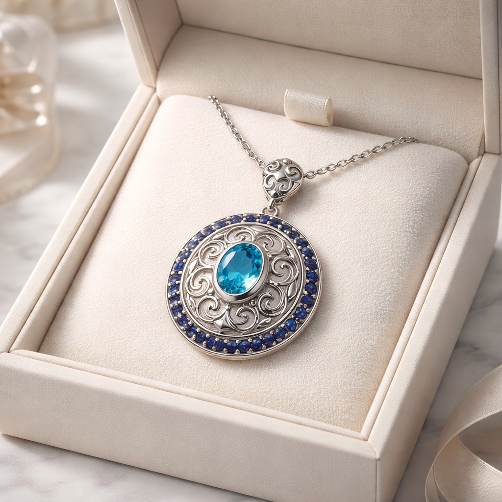 Swiss blue Topaz, Sapphires 925 Silver Pendant •Oval blue Pendant with scroll work •Filigree Silver Pendant Alain Orbiz Jewelry