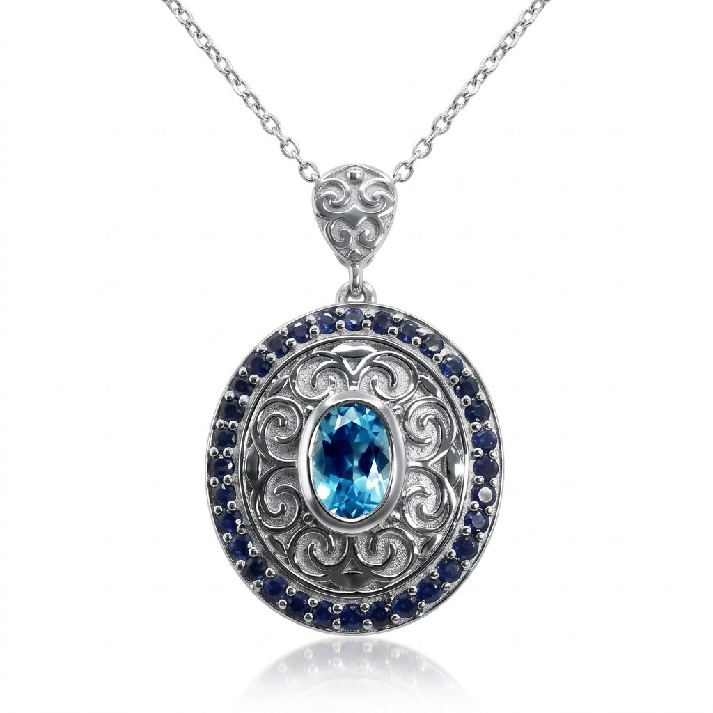 Swiss blue Topaz, Sapphires 925 Silver Pendant •Oval blue Pendant with scroll work •Filigree Silver Pendant